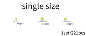 Detailed size specifications for 221-piece luminous star and moon wall sticker set