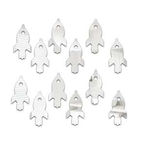 Detail view of 12-piece mirror acrylic rocket wall decals for kids room with silver finish