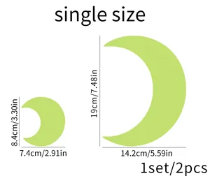 Size specifications for moon-shaped glow wall stickers with detailed height and width markings