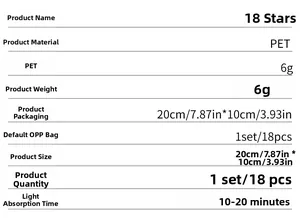Technical specifications table showing PET luminous star wall stickers dimensions and details