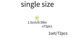 Specifications of 1.5cm star glow stickers showing 72 pieces per pack for wall decor