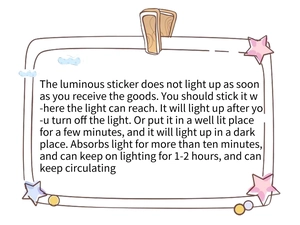 Luminous wall stickers instructions showing light absorption and glowing time parameters