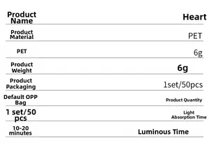 Detailed specifications chart for PET luminous heart wall stickers pack of fifty pieces