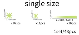 Detailed size chart for 43pcs luminous wall stickers with star and meteor dimensions