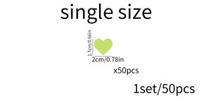 Size specifications of heart-shaped luminous stickers measuring 2cm x 1.7cm in 50pcs set