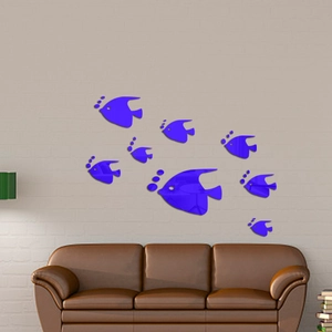 Détail de 8 stickers muraux poissons miroirs 3D violets de tailles variées pour la déco