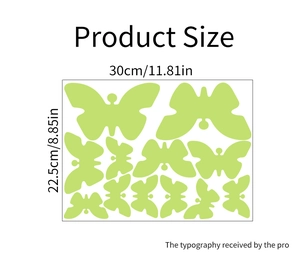 DIY glow in the dark butterfly wall sticker set with layout dimensions and product size