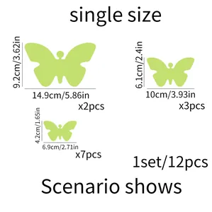 Detailed size chart for glow in the dark butterfly wall stickers with 12 pieces
