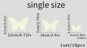 Size guide for luminous butterfly wall stickers showing dimensions in cm and inches