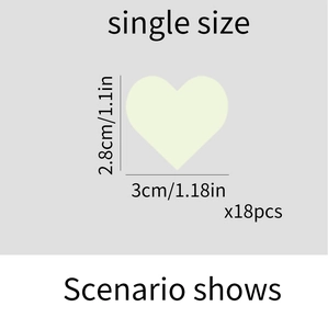 Detailed size chart showing 18pcs heart glow stickers measuring 3cm by 2.8cm each