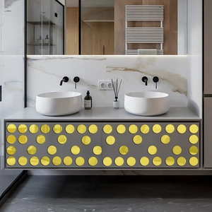 Yellow geometric round mirror wall stickers with metallic finish for living room and bathroom