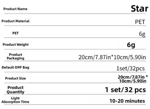 Detailed specification chart for glow in the dark PET star wall stickers set