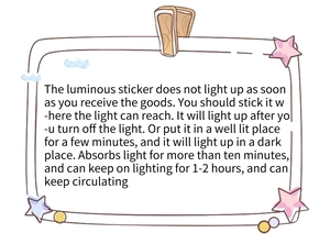 Luminous star stickers guide showing 10 minutes light absorption for glowing effect