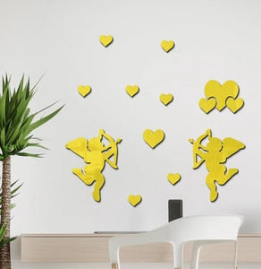 Modern gold mirror acrylic Cupid and heart wall stickers set for bedroom decor