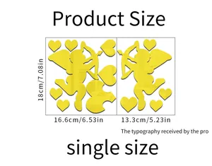 Detailed size specifications for Cupid and heart mirror wall stickers in centimeters and inches