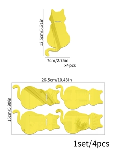 Detailed view of 4-piece cute cat acrylic mirror wall stickers with size measurements