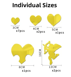 Detailed size chart for mirror gold Cupid heart wall stickers with measurements