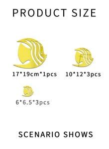 Size specifications for fish-shaped mirror wall stickers in 17x19cm, 10x12cm, and 6x6.5cm