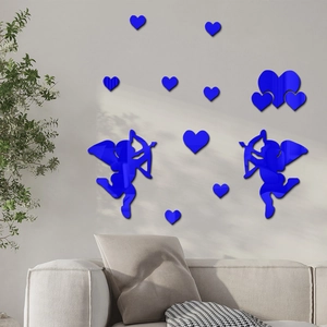 Detail of blue mirror acrylic Cupid and heart wall stickers in a cozy bedroom setting