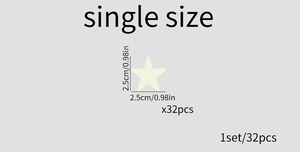 Detailed size chart showing 2.5cm pentagram luminous star wall stickers in a 32 piece set