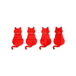 Detail view of four red acrylic cat-shaped mirror wall stickers with reflective surface