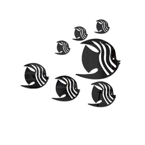 Detailed set of six black acrylic fish mirror wall stickers with hollow decorative stripes