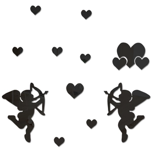 Detail of black mirror cupid wall stickers with heart shapes for bedroom decor