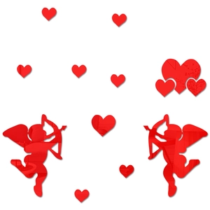 Macro view of red mirror acrylic Cupid wall decals and various sizes of heart stickers