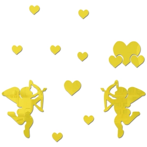 Detail of Cupid and heart mirror wall stickers in shiny gold acrylic for DIY bedroom decor