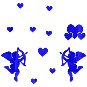 Macro detail of blue acrylic mirror wall stickers with Cupid and heart shapes for DIY decor