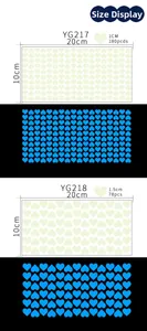 Tabla de tamaños de pegatinas de pared de corazones fluorescentes con dimensiones