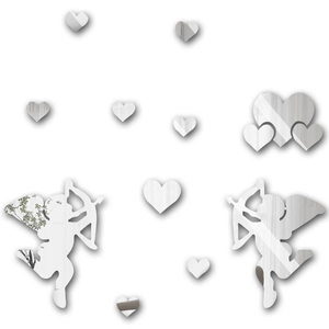 DIY mirror wall stickers featuring Cupid and hearts in polished silver acrylic for bedroom