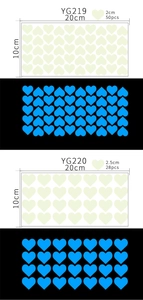 Luminous blue heart wall stickers showing daylight off-white and dark glow effect