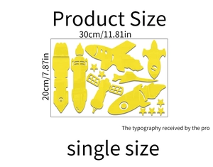 Detailed size chart of yellow acrylic rocket and spaceship nursery mirror wall stickers