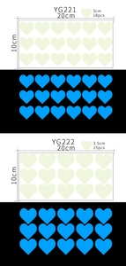 Luminous blue heart wall stickers showing glow-in-the-dark effects and size specifications