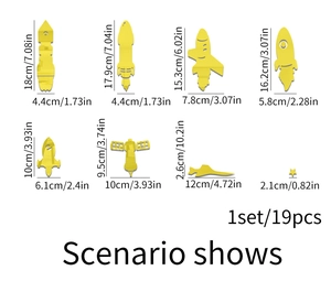 Detail showing 19pcs yellow rocket and satellite mirror wall stickers with dimensions