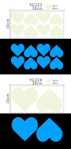 Tabla de tallas de pegatinas de pared de corazón fluorescente con efecto día y noche