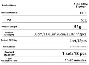Detailed specifications chart for glow-in-the-dark flower PET wall stickers set