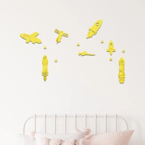 Space theme acrylic mirror wall stickers with yellow rocket and satellite for kids room