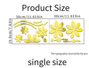 Detailed size chart for 30cm x 19.9cm gold mirror floral acrylic wall sticker decals