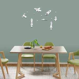 Space-themed mirror wall stickers with rocket and astronaut on a green bedroom wall