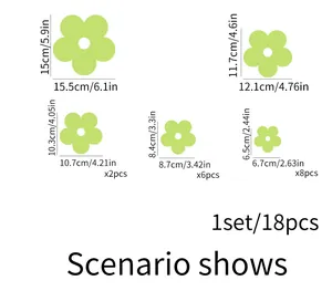 Size chart for 18-piece set of floral wall stickers showing five specific dimensions in detail