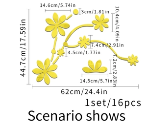 Detailed size chart for 16-piece yellow floral 3D mirror wall stickers for home decor
