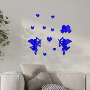 Blue acrylic mirror wall stickers with Cupid and heart shapes for living room decor