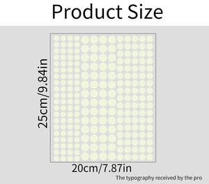 Tableau des tailles détaillé pour stickers muraux fluorescents ronds mesurant 25x20cm