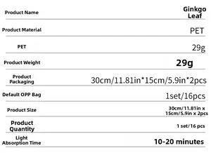 Detailed specifications table for glow-in-the-dark Ginkgo leaf wall stickers made of PET material