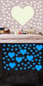 Blue glowing heart wall stickers showing day and night contrast effect for bedroom