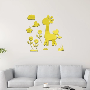 Detail of 3D acrylic mirror wall sticker featuring giraffe, flowers, and birds in golden finish