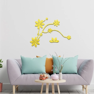 Detailed view of yellow 3D acrylic mirror wall stickers with floral and vine patterns