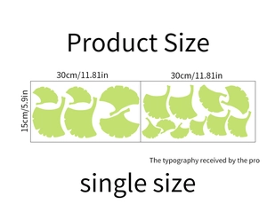 Detailed product size layout for ginkgo leaf wall stickers measuring 30cm x 15cm each